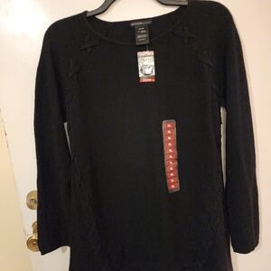 Design History Womens LS Ribbed Sweater w Criss Cross Ribbon Design in Onyx (XL)